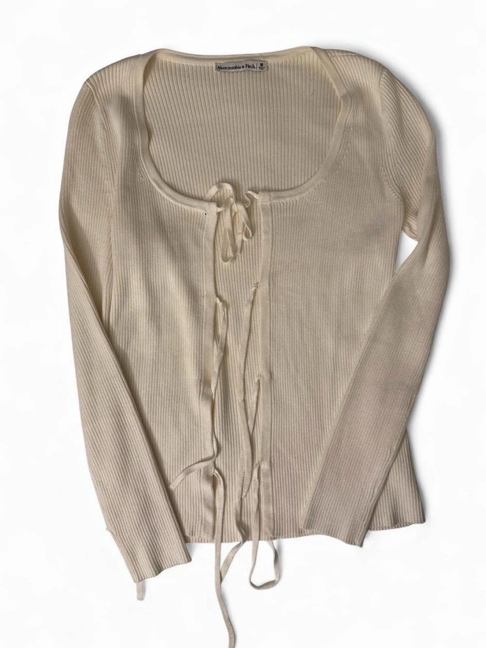 Abercrombie & Fitch Tie-Front Ribbed Cardigan Beige Medium